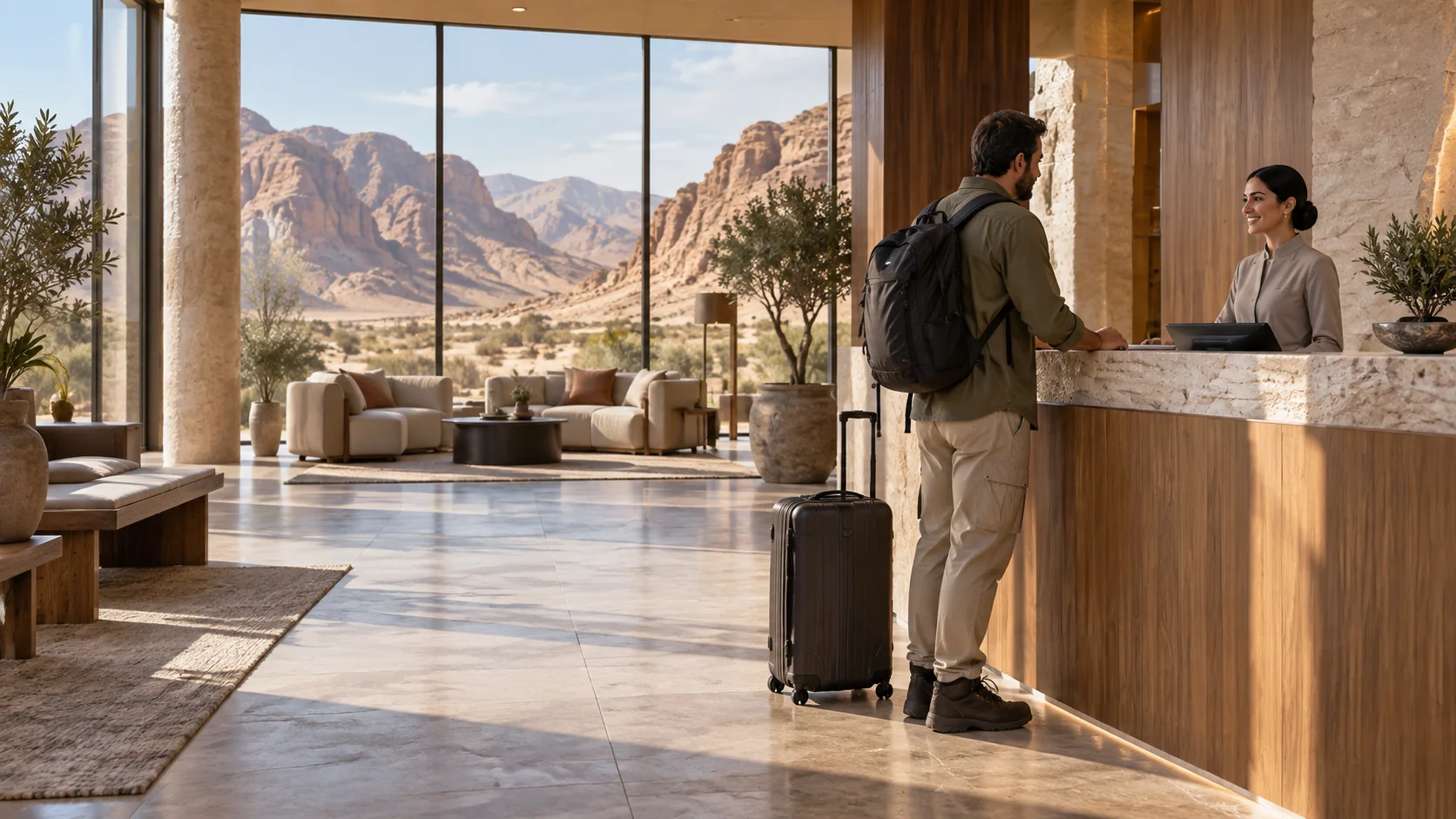 Illustrative hospitality attendant welcoming a traveler at an unbranded hotel desk with rocky mountains visible through the lobby windows